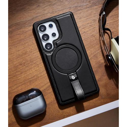 for Samsung Galaxy S25 Ultra Case Leather with Stand, Anti-Slip Grip Ring, Fits for MagSafe (Black, S25 Ultra)