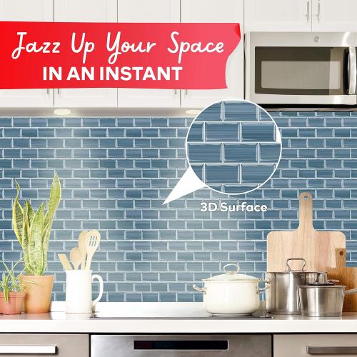XFasten Backsplash Tile for Kitchen Peel and Stick Tile 10pcs 12” x 12” with Mini Cutter Blue Subway Tile for Backsplash, Waterproof Bathroom Kitchen Wall Tiles