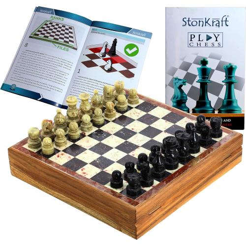 StonKraft - 8 X 8 Chess Board with Wooden Base with Stone Inlaid & Stone Pieces Game Set
