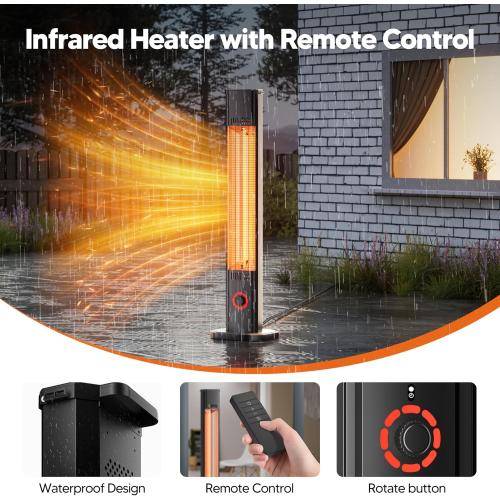 Outdoor Heater for Patio 1500W, 8H Timer, IP34 Waterproof, Infrared Electric Patio Heater, 8 Levels Heating for Garage Backyard Black with Dustproof Cover