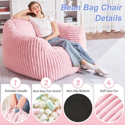 HABUTWAY Bean Bag Chair, Large Bean Bag Chairs for Adults, Memory Foam Floor Sofa with Handle, Faux Fur Beanbag Chair for Living, Reading, and Relaxing Room (Light Pink)