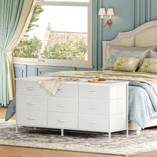 Color grey Huuger 9 Drawer Dresser, 47 Inch TV Stand for 50, 55 Inch TV, Entertainment Center with Drawers, Fabric Dresser Chest of Drawer for Bedroom, Closet, PU Leather Surface, White