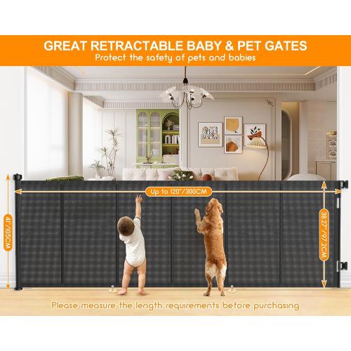 EZIGO 120 Inch Retractable Baby Gates, 41 Inch Extra Tall Retractable Gate | Reinforced Retractable Dog Gate with Rods, 10 FT Extra Long Mesh Pet Gate for Stairs Hallways Doorway Indoor Outdoor, Black