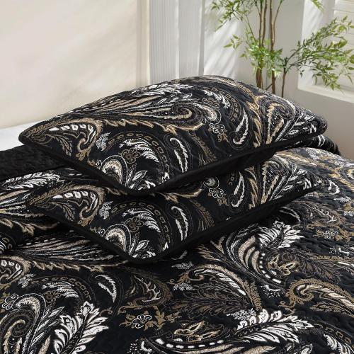WONGS BEDDING Boho Quilt Set Queen,Black Paisley Floral Pattern Bedspread Coverlet Set with 2 Pillowcases,3 Piece Lightweight Microfiber Bohemian Quilt Bedding Set 96×90
