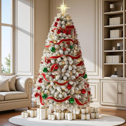 7.5 FT Pre-lit Snow Flocked Christmas Tree Spruce with Remote Control, 350 Warm White Multi-Color Changing LED Lights, Artificial Hinged/Feel Real/Realistic for Home, Dual Color LED