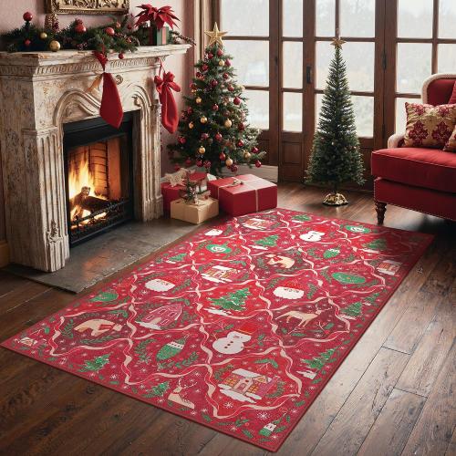 Christmas Area Rug  for Living Room, Washable Rug for Bedroom, Christmas Home Decor, Holiday Print Carpet, Low Pile Non Slip Mat with Rubber Backing, Red Christmas Tale Pattern