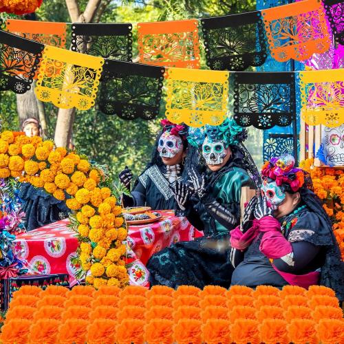 Riceshoot 52 Pieces Day of the Dead Decorations Set Fiesta Artificial Marigold Flower Heads with Stems Monarch Butterfly Felt Mexican Party Banner for Dia De Los Muertos Altar Diwali Decor