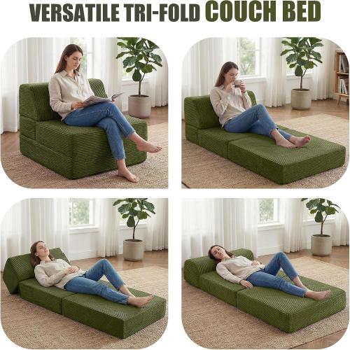 Kasunpul Folding Sofa Bed with Pillow, Memory Foam Fold Out Chair Bed, Convertible Sleeper Chair with Washable Cover, Futon Floor Couch for Living Room/Dorm/Guest Use/Home Office/Apartment, Green