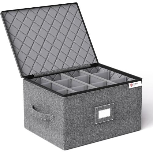 YearningHome Wine Glass Storage Box with Dividers,Hard Shell and Stackable Stemware Storage Containers with Sturdy Handle for Glassware Crystal Storage and Transport,Grey,Holds 12