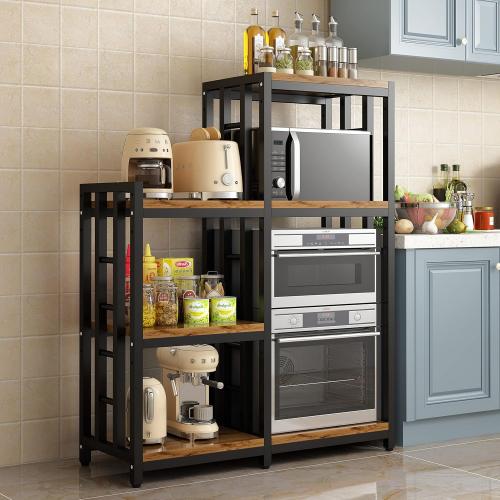 Kitchen Bakers Rack, 4-Tier 3-Tier Workstation Organizer Shelf, Free Standing Kitchen Utility Cart Storage Shelf Organizer Utility Microwave Stands Storage for Spice（Rustic Brown）