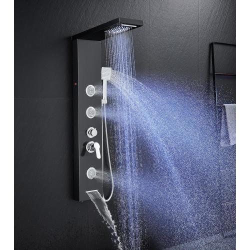 Multi-Function LED Lights Shower Panel System Black, 5 in 1 Shower Panel Include Rainfall & Waterfall Shower Head, 3 Pcs Adjustable Massage Jets, Handheld Shower, Tub Spout