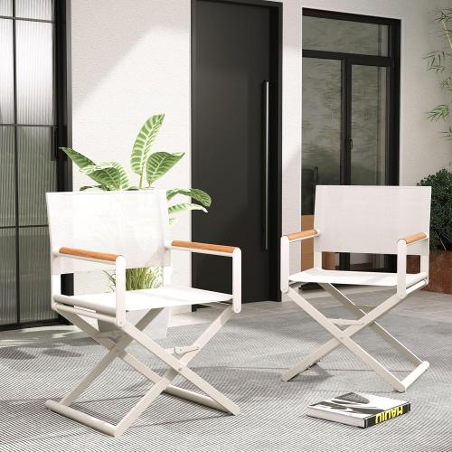 Grand patio 2-Pack Folding Sling Chairs, Outdoor Chair Set of 2, Woodgrain Armrests Patio Chairs, Outdoor, Beige