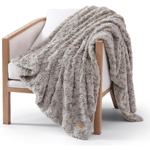 UGG Adalee Faux Fur Throw Blanket Luxury Lightweight Cozy Soft Throw for Couch Bed or Chair Hypoallergenic Machine Washable Double-Sided Fluffy Blanket Home Decor, 50-inch x 70-inch, Seal Grey