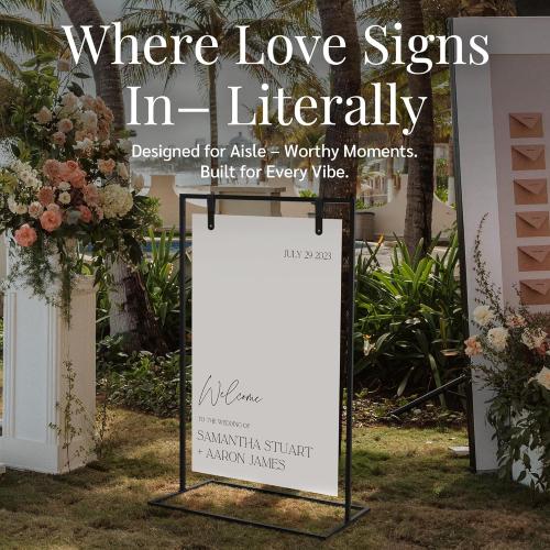 Black Wedding Sign Holder Stand - Elegant Metal Welcome Sign Stand for Wedding, Baby Shower, Bridal Party - 2 Sign Straps, 7 Ribbons for Hanging - Sturdy Display Easel for Seating Chart & Fabric Signs
