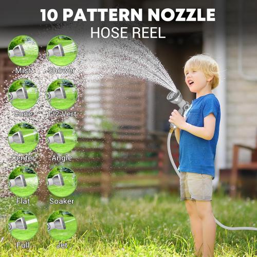 Retractable Garden Hose Reel, 1/2 x 100ft Wall Mount Heavy Duty Automatic Hose Reel with 10 Pattern Nozzle, Any Length Lock & Slow Return System, 180°Swivel Bracket Upgraded UV Resistant,Light Grey