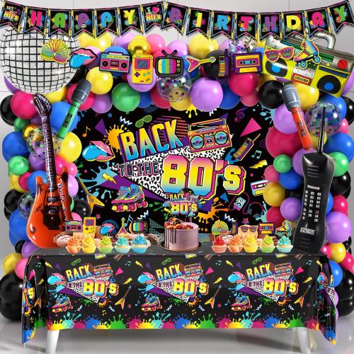 80s Party Decorations 90s Theme Birthday Party Decorations 80s Party Supplies with Back To The 80's Backdrop Tablecloth HAPPY BIRTHDAY Bannner Radio Boombox and Mobile Phone Balloon Arch Kit