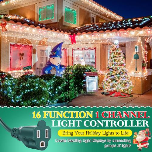Christmas Light Controller with Remote, Create Dazzling Lighting Displays with Multiple Functions, Timer, Dusk to Dawn Sensor, Adjust Speed for Christmas Outdoor String Light (1 Channel, 16 Functions)