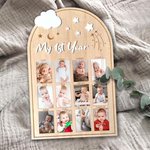 My First Year Wooden Photo Board, Baby’s First Year Picture Frame, One Year Birthday Photo Display Wood Board, 12 Months Milestone Board Photo Frame, Gift for Newborn Baby 1st Birthday Memories Nursery Decoration (Star)
