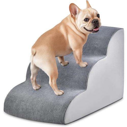 Dog Stairs for Small Dogs 15.7 H, 3-Step Pet Stairs with High-Density Foam, Curved Ramp Design for Puppies, Medium Pets and Older Cats, Dog Steps for Bed, Couch or Sofa, 15.7 × 22.4 × 15.7 Inch, Gray
