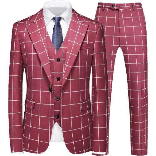 Size M/L...Mens 3 Piece Slim Fit Plaid Suit Blazer Jacket Vest Pants