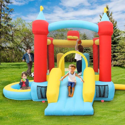 Inflatable Bounce House with Slide, Jumping Castle with Blower and Wave Pool, Basketball Rim, Football Goal
