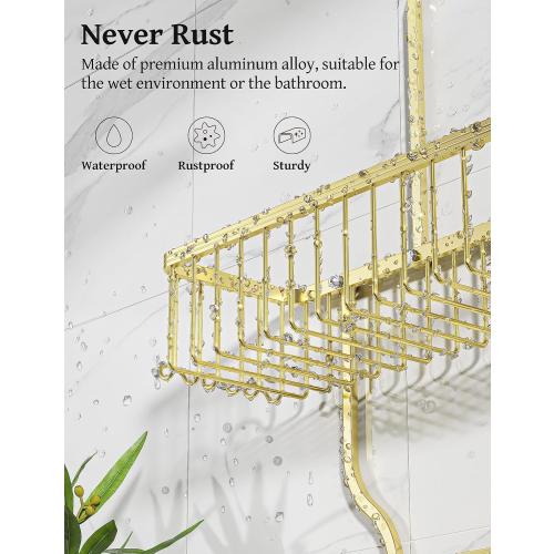 Gold Shower Caddy Over Shower Head Never Rust Aluminum Large Hanging Shower Caddy with 10 Hooks for Razor/Sponge - Over The Shower Head Caddy with Soap Basket - Hanging Shower Organizer Gold