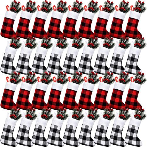 Skylety 24 Pcs Christmas Stockings Bulk Mini Xmas Buffalo Plaid Stocking Plush Cuff Hanging Decorations for Holiday Party Favors