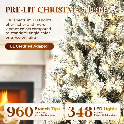 HOLLO STAR 7.5 ft Flocked Prelit Christmas Tree with 348 LED Lights, App Control, Skinny Artificial Pencil Christmas Tree, Multi-Color RGBW Lights, 960 Branch Tips, for Small Space, Home, Party