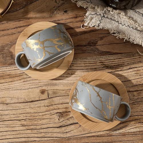 LUKA 6 Ounce Porcelain Stackable Espresso Cups with Saucers and Metal Stand Set of 4, Ceramic Cappuccino Cups Set for Specialty Coffee Drinks, Latte, Cafe Mocha and Tea, Gray