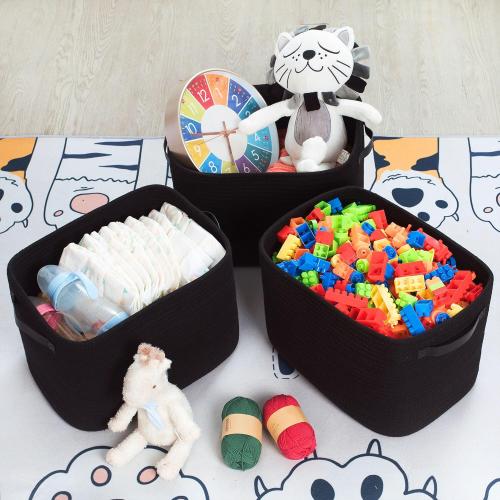 MINTWOOD Design 3-Pack Storage Baskets for Shelves, Decorative Baskets for Organizing, Woven Baskets for Storage, Book Basket Cube Bin Box, Pantry Closet, Shoe Organizer, Black / Black