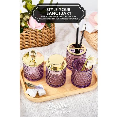 Purple Bathroom Accessories, 4Pcs Purple Bathroom Accessory Set Complete, Toothbrush Holder Set, Soap Dispenser, Qtip Holder, Tumbler, Perfect for Bathroom Decor and Vanity