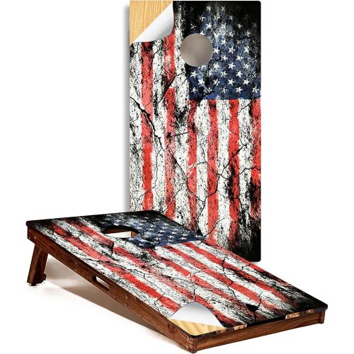 Size 2x4 Set of 2- C197 Distressed American Flag - Patriotic Cornhole Board Wrap - Laminated Weatherproof Vinyl Decal - Easy Bubble-Free Application - Stickers Dimensions: 2' x 4' - Set of 2