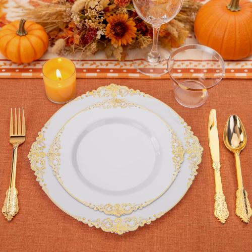 Hioasis 350pcs White and Gold Plastic Plates - Elegant Disposable Dinnerware Set Include 10.25 Dinner & 7.5 Dessert Plates, Knives, Forks, Spoons, Napkins, Cups for Party & Thanksgiving