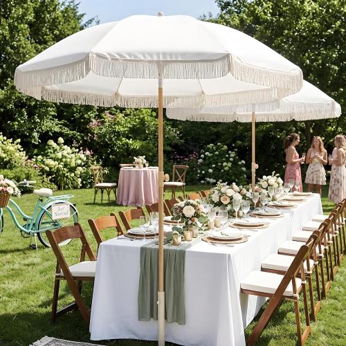 7FT Boho Patio Umberlla with Fringe,UPF50  Outdoor Umbrella with Fiberglass Ribs and Push Button Tilt,Tassels Umbrella for Beach,Terrace,Picnic