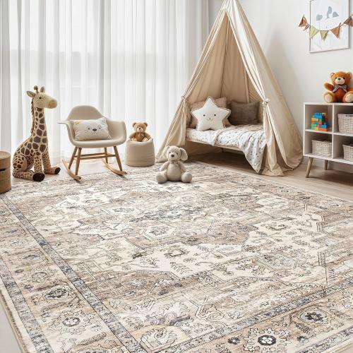 Area Rug 7x9 Washable Vintage - Soft Traditional Rugs for Living Room Large Non Slip Backing with Low Pile Farmhouse Oriental Retro Carpet for Bedroom Dining Room or Home Office - Tea Brown