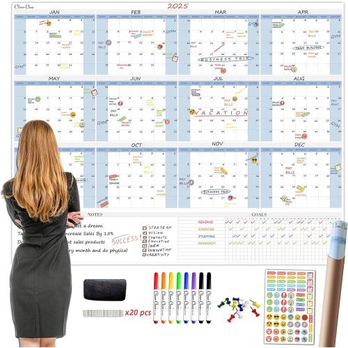 CLEVER CLEAN Large Dry Erase Wall Calendar 5 Feet- 48x60 2025 Undated Yearly Planner for Home, Office, School Projects - Jumbo Erasable Laminated Task Organizer