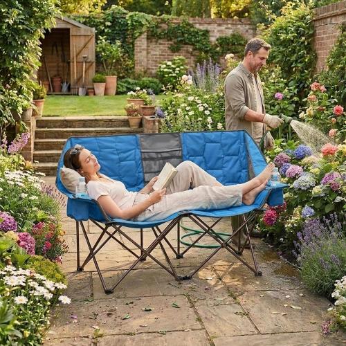 SUNNYFEEL Folding Double Camping Chair, Oversized Loveseat Chair, Heavy Duty Portable/Foldable Lawn Chair with Storage for Outside/Outdoor/Travel/Picnic, Fold Up Camp Chairs for Adults 2 People