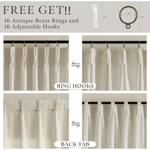 Farmhouse Linen Curtains 90 Inches Long for Living Room Dining 2 Panels Burlap Flax Pinch Pleated Drapes Hooks Rings Rustic Light Filtering Semi Sheer Tan Beige 90 Inch Curtain for Bedroom W50xL90