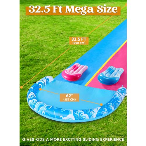 JOYIN 32.5FT Water Slide and 2 Inflatable Boards, Extra Long Heavy Duty Double Lawn Waterslide with Sprinkler for Kids Adults Backyard Summer Water Toy Outdoor Fun, Blue, Pink