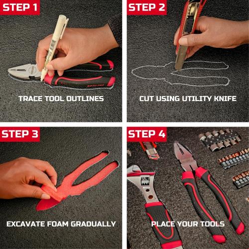 ONREVA Tool Box Foam 22x18x1 inch 4Pack, Foam Inserts for Cases, Polyethylene Storage Sheets for Toolbox Hard Case, Tool Shadow Insert, Kaizen Organizer Sheet, Black with Red