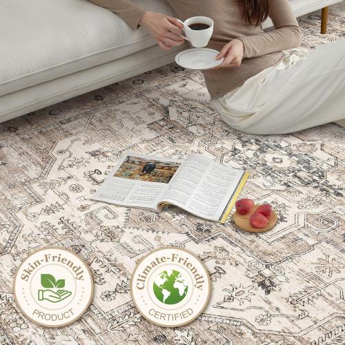 Area Rug 8x10 Washable Vintage - Soft Traditional Rugs for Living Room Large Non Slip Backing with Low Pile Farmhouse Oriental Retro Carpet for Bedroom Dining Room or Home Office - Tea Brown