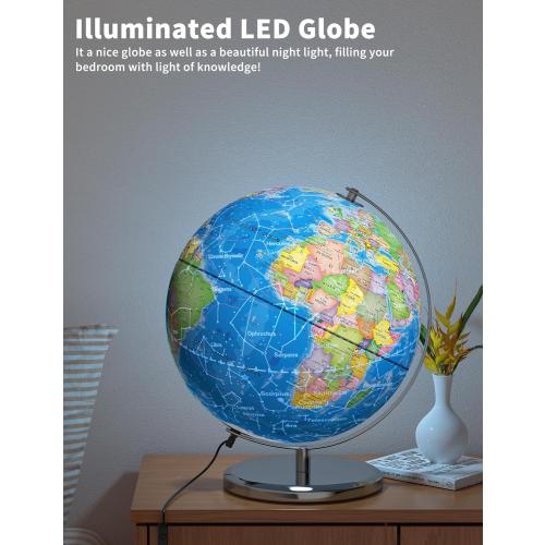 SOUNDANCE 13 Inch World Globe with Stable Heavy Metal Base, Educational Globe for Kids Learning, Large Globes Lamp with Colorful HD World Map Details, Constellation