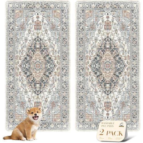 nunubaby Washable Pee Pads for Dogs, Stylish, Non-Slip and Leak-Proof Pee Pads. Reusable Potty Pads for Dogs for Crates and Floors.(Beige/Multi, 36 x72 )