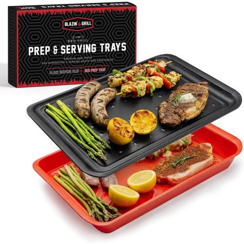 BLAZIN' GRILL Prep and Serve Trays | Set of 2 Stackable, Melamine Trays | Serving Tray & Marinating Tray | Serving Platter for Plating Food & BBQ Prep Tub for Marinating Meats | Grill Accessories |