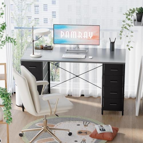 Pamray 47 Inch Computer Desk with 8 Fabric Drawers PC Gaming Desk Home Office Study Work Writing Table for Bedroom Grey