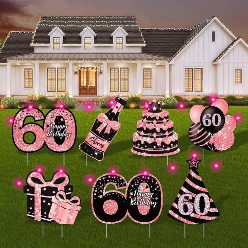 60th Birthday Decorations for Women - 7 Pcs Black & Pink 60th Birthday Yard Signs, 2 Pcs LED Lights, Sparkling at Night, Weatherproof, Perfect Happy Birthday Lawn Decorations for Women
