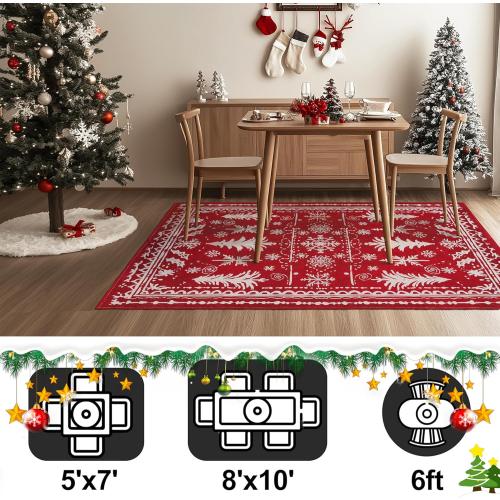 Christmas Decorative Rug 6x9 for Bedroom Living Room Christmas Tree Area Rug Indoor Throw Area Rug Washable Non Slip Low Pile Rug for Dining Room Home Study Holiday Decor(Xmas Tree Red,6x9ft)