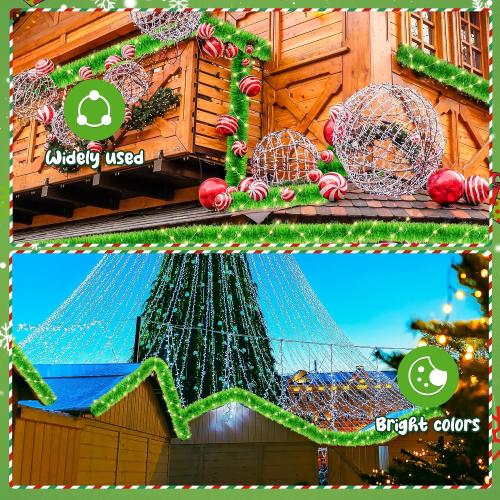33ft Christmas Tinsel Garland with LED Lights, Lime Green Metallic Foil Glitter Garland & Matching Lights Set for Xmas Tree, Home, Stairs, Indoor Outdoor Party Decor