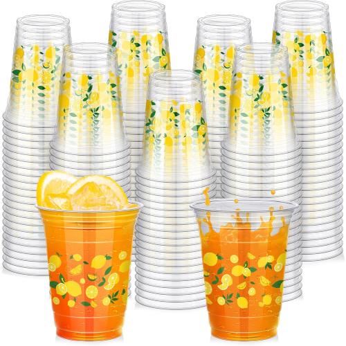 120 Pieces Lemon Theme Disposable Plastic Cups Bulk 16 Ounces Clear Lemon Theme Party Cups Drinking Printed Cup for Themed Holiday Party Supplies Favors