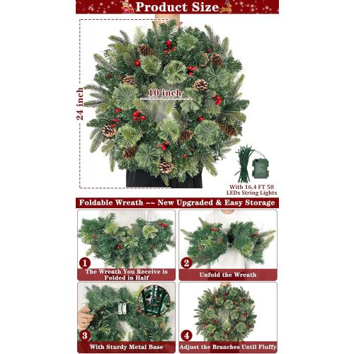 24 Inch Lighted Christmas Wreaths for Front Door, Christmas Wreath Outdoor with Pinecones Berried 50 Warm White & Multicolor Lights 8 Modes Timer Norfolk Pine Wreath Xmas Wreaths for Home Wall Window